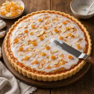 White lemon glaze spread over the cooled almond apricot tart