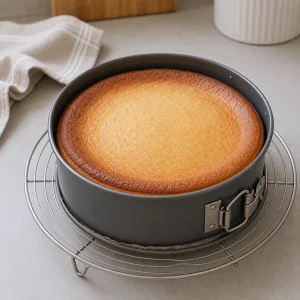 Baked sernik cooling on a rack before slicing