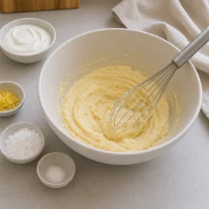 Creamy butter and egg yolk base mixed for sernik