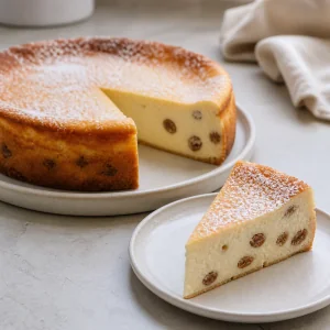 Finished Polish sernik cheesecake with raisins and a sliced piece