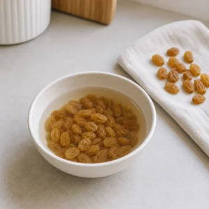 Golden raisins soaking in hot water