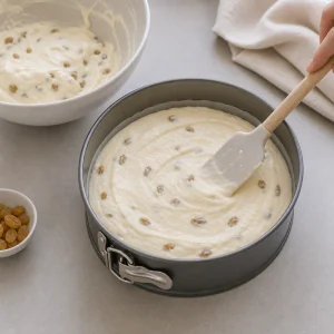 Raisin cheesecake batter smoothed in the springform pan