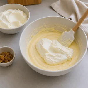 Smooth farmer cheese added to cheesecake batter