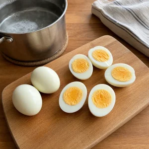 Połówki jajek na twardo na desce obok małego rondla