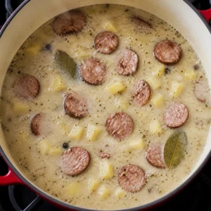 Kiełbasa i ziemniaki gotujące się w kremowym żurku