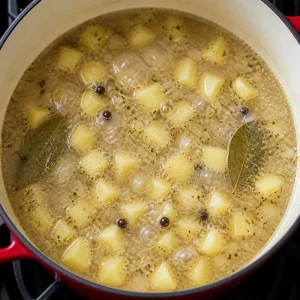 Zupa z ziemniakami delikatnie się gotuje, a kawałki pozostają całe
