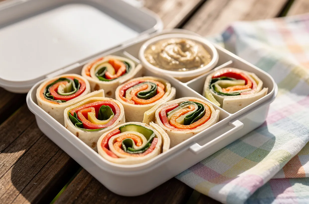 Portable Veggie & Cheese Pinwheels with Hummus Dip