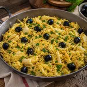 Bacalhau à Brás topped with black olives and chopped parsley
