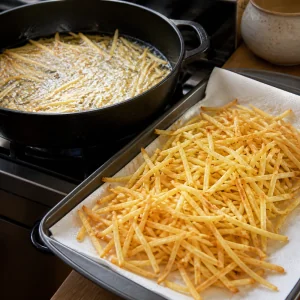 Crisp fried potato sticks draining beside a skillet of hot oil