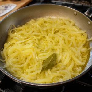 Soft sliced onions cooking with a bay leaf in olive oil