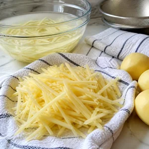 Thin potato matchsticks drying on a towel after rinsing