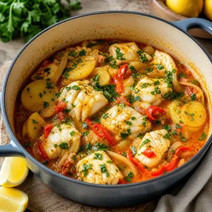 Finished caldeirada in the pot topped with parsley and lemon