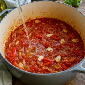 Garlic, smoked paprika, crushed tomatoes and white wine reducing in a Dutch oven
