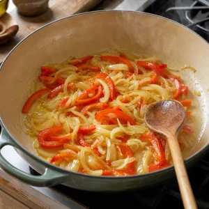 Onions and red bell pepper softening in olive oil for Portuguese fish caldeirada