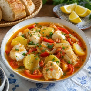 Portuguese fish caldeirada served with lemon wedges and crusty bread