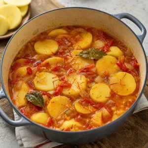 Sliced potatoes simmering with saffron, bay leaves and tomato broth
