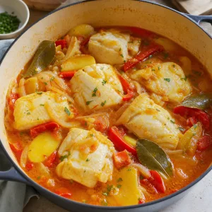 White fish chunks gently poaching in tomato saffron broth with potatoes and peppers
