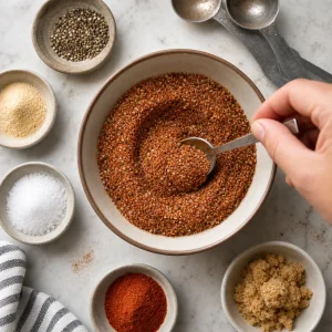 Mix secco di spezie rosso bruno in una piccola ciotola