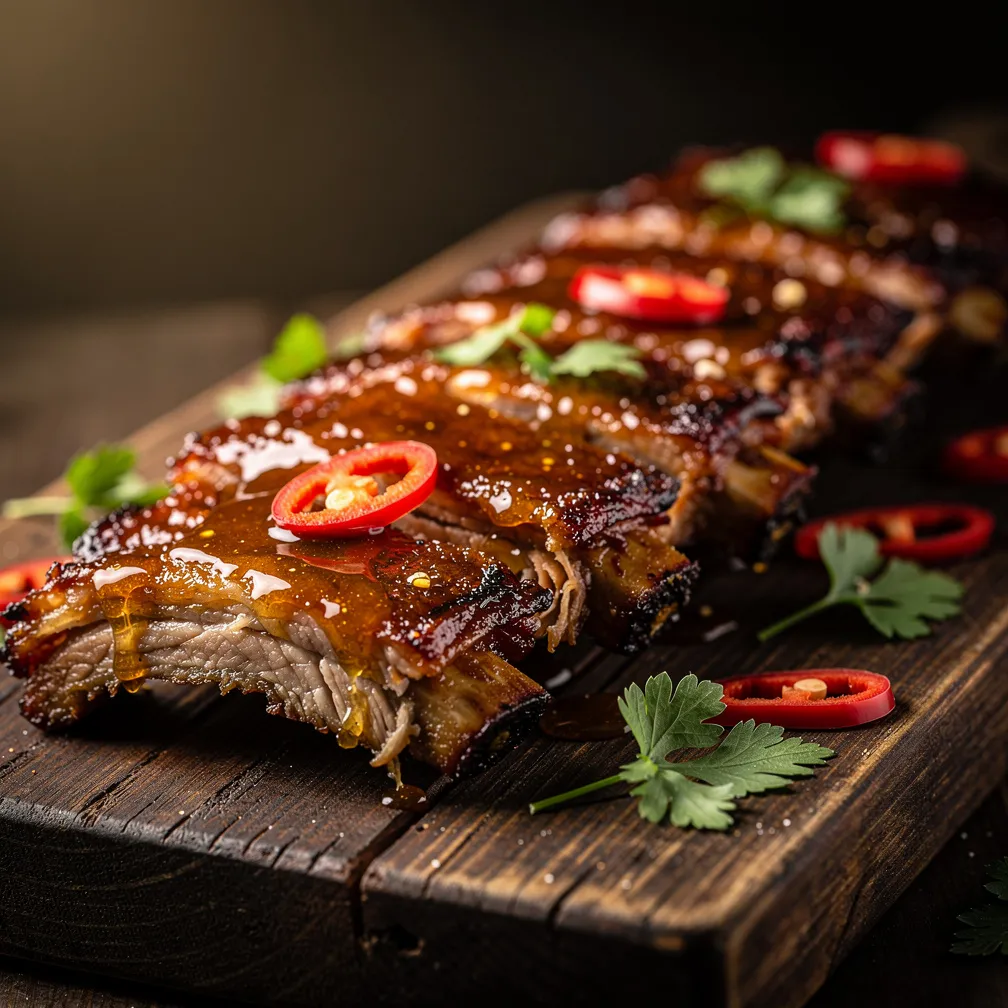 Sticky hot honey ribs on a wooden platter garnished with fresh chilies and herbs