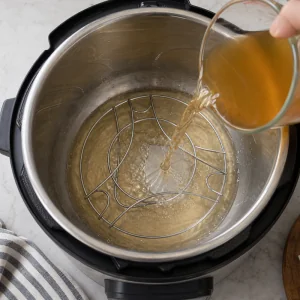 Aceto e acqua versati nella pentola a pressione con griglia