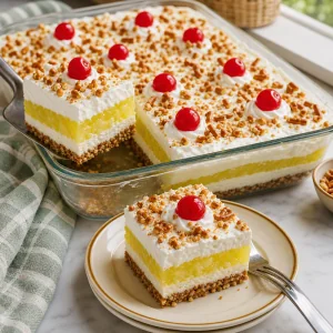 Carres de salade gelee ananas bretzels garnis de cerises