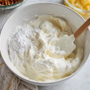 Fromage frais mousseux et garniture fouettee melanges dans un bol