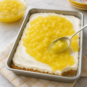 Gelatine a l ananas deposee sur une couche de fromage frais dans un moule