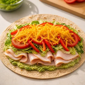 Open tortilla layered with turkey, vegetables, and cheddar