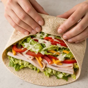 Turkey avocado wrap folded and rolled with vegetables inside
