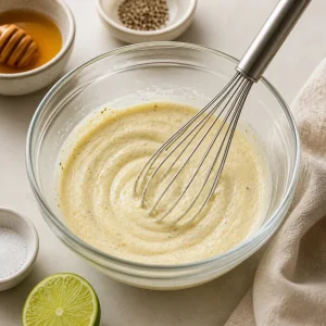 Yogurt Dijon dressing whisked in a glass bowl