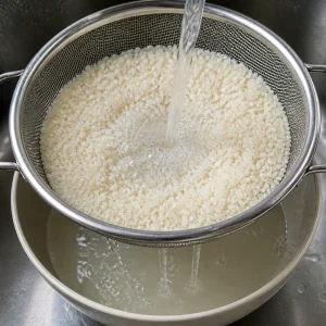고운 체에 담긴 쌀을 흐르는 물에 씻는 모습