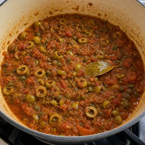 올리브, 케이퍼, 향신료, 월계수 잎이 들어간 토마토 양념 베이스