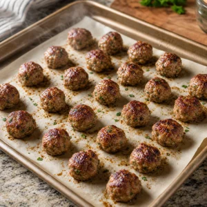 Baked meatballs lightly browned on parchment paper
