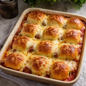 Bubbly melted cheese browned over baked meatball sliders