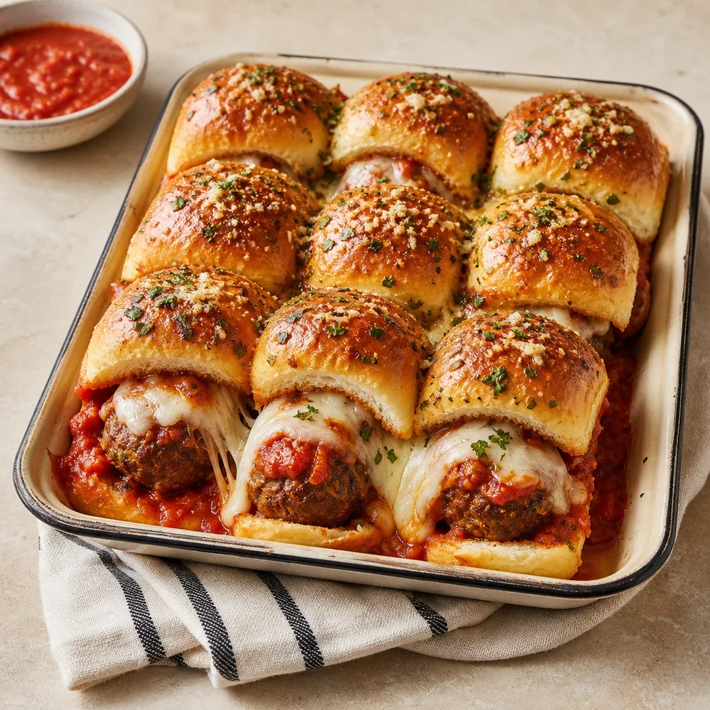 Finished pull-apart meatball sliders with marinara and melted cheese