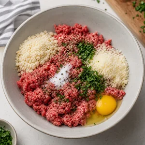Ground beef mixed with panko egg garlic Parmesan parsley salt and pepper