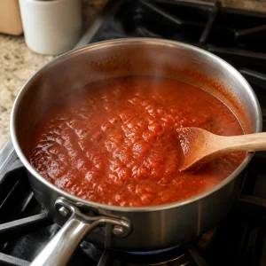 Marinara sauce warming in a saucepan with gentle bubbles