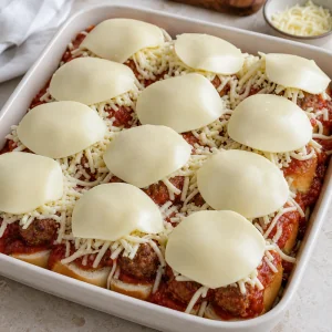 Meatball sliders covered with shredded mozzarella and provolone slices before baking
