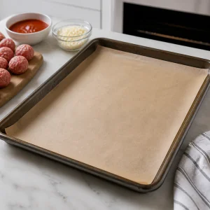 Parchment-lined baking sheet ready for meatball slider prep