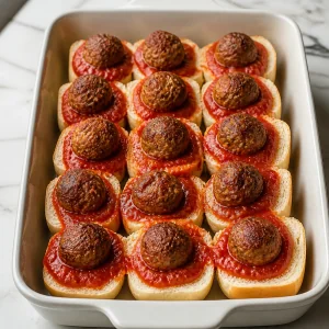 Slider buns topped with warm marinara and baked meatballs in a baking dish