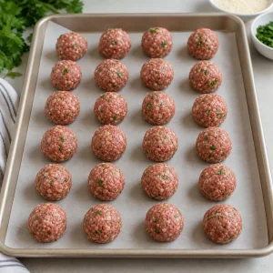 Small raw meatballs arranged on a parchment-lined baking sheet