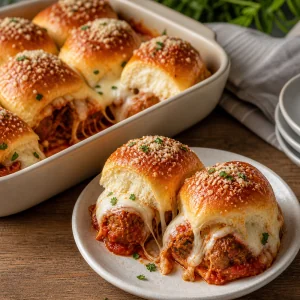 Warm pull-apart meatball sliders served with marinara and melted cheese