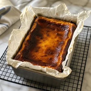 Baked cheesecake cooling in its pan on a rack