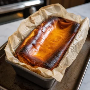 Baked pumpkin Basque cheesecake with a dark bronzed top