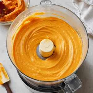 Glossy orange pumpkin cheesecake batter in a processor