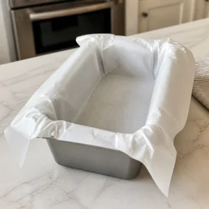 Loaf pan lined with parchment paper