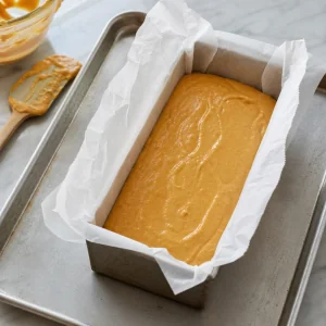 Orange batter poured into a parchment-lined loaf pan