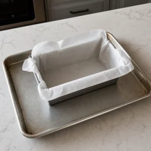 Parchment-lined loaf pan on a rimmed baking sheet