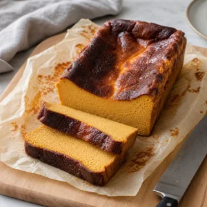 Sliced pumpkin Basque cheesecake on parchment