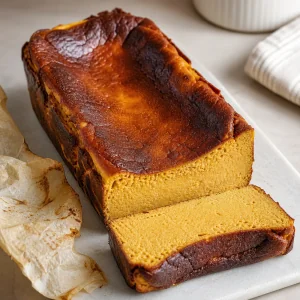 Sliced pumpkin Basque cheesecake with a bronzed top